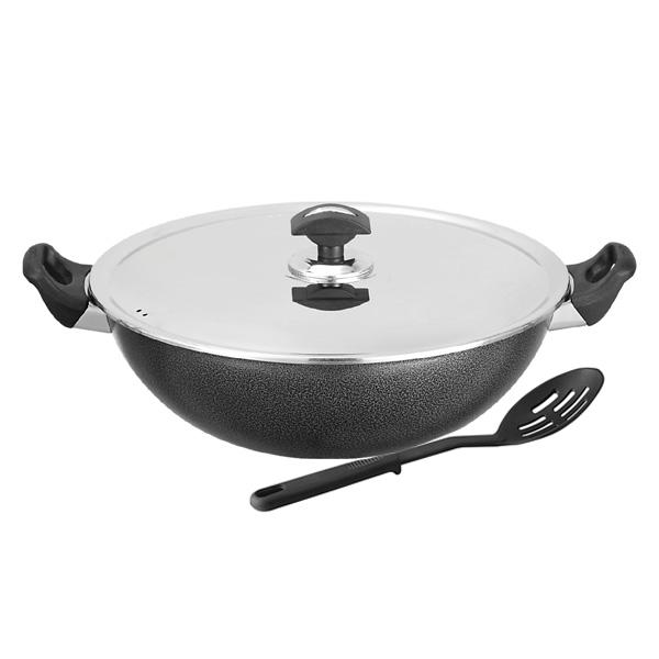 Heavy Material | Dishware Safe | Sonex | Non Stick | Cooking Wok | Kadhai | Karahi | with Glass Lid and Spoon Durable Soft Handles 32 Cm | Easy To Clean | Original Made In Pakistan – 50023