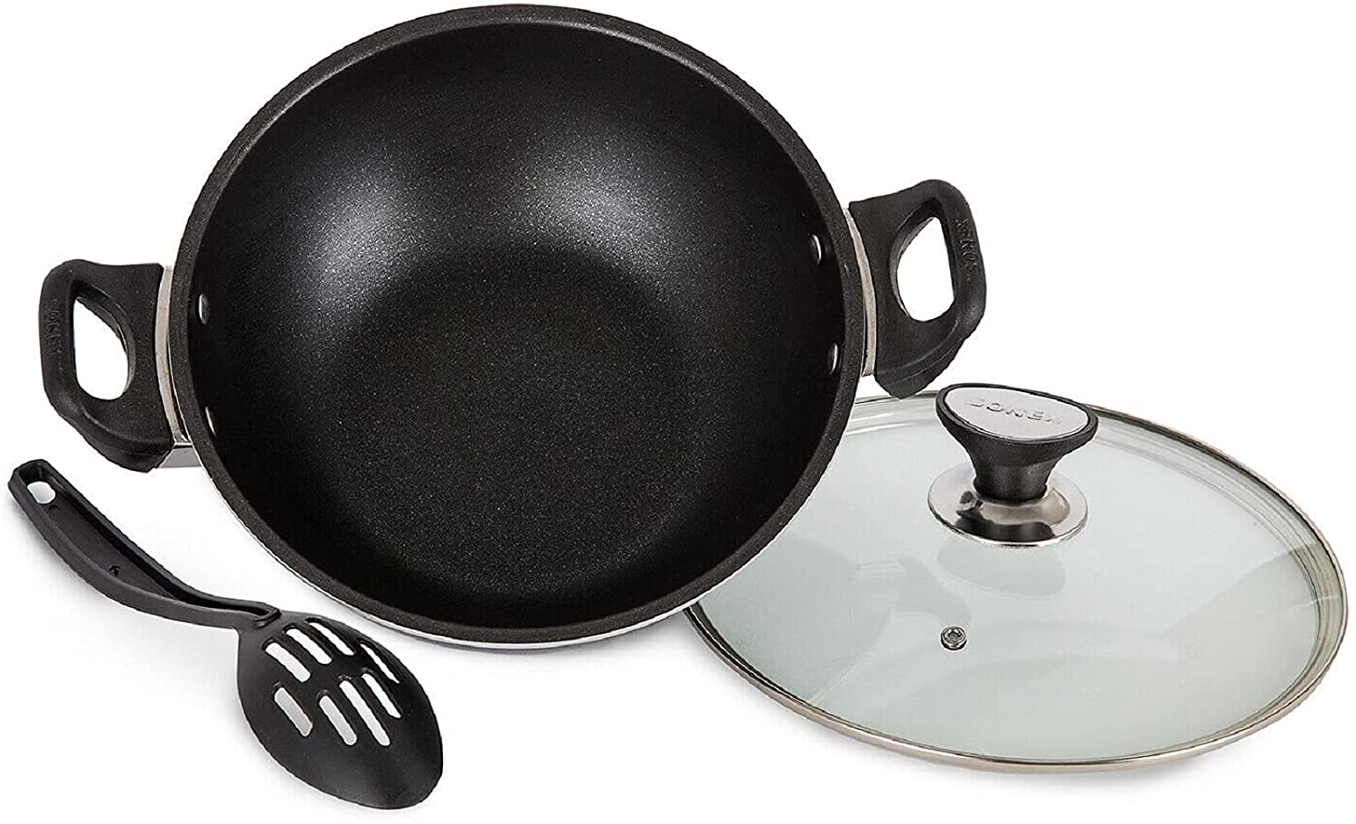 Heavy Material | Dishware Safe | Sonex | Non Stick | Cooking Wok | Kadhai | Karahi | with Glass Lid and Spoon Durable Soft Handles 32 Cm | Easy To Clean | Original Made In Pakistan – 50051