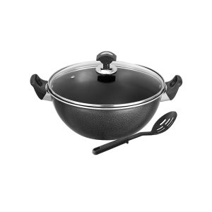 Heavy Material | Dishware Safe | Sonex | Non Stick | Cooking Wok | Kadhai | Karahi | with Glass Lid and Spoon Durable Soft Handles 30 Cm | Easy To Clean | Original Made In Pakistan – 50050